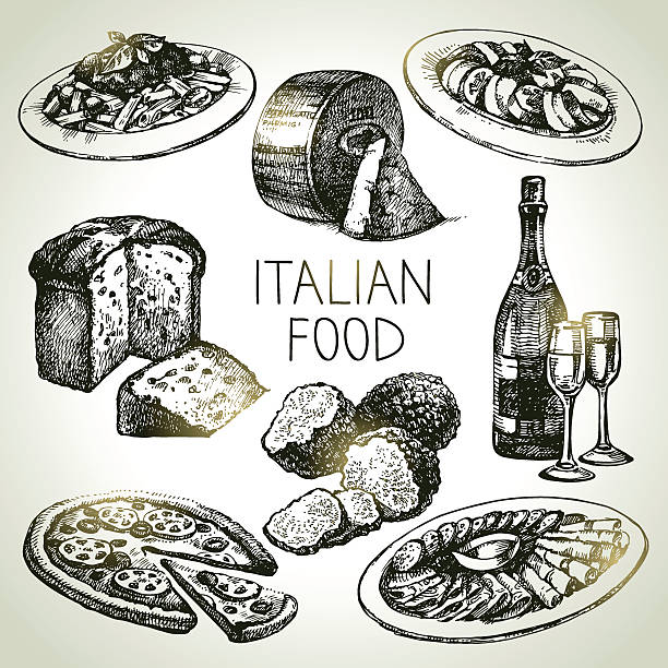 illustrazioni stock, clip art, cartoni animati e icone di tendenza di disegno a mano schizzo cucina italiana set.vector illustrazione - panettone
