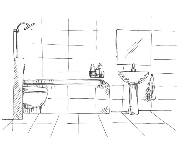 Hand drawn sketch. Linear sketch of an interior. Part of the bathroom. Vector illustration Hand drawn sketch. Linear sketch of an interior. Part of the bathroom. Vector illustration bathroom drawings stock illustrations