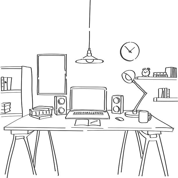Hand drawn sketch of modern workspace Hand drawn sketch of modern workspace with work table, lamp, clock and picture on a wall. Workspace hand dawn illustration. office drawings stock illustrations