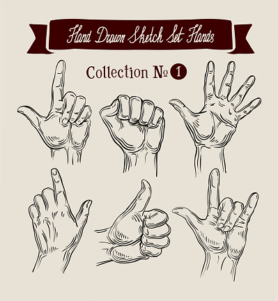 Hand drawn sketch set hands gestures. Vector illustration