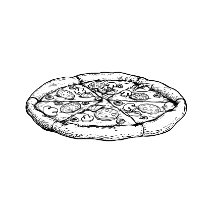 Hand drawn sketch style pizza. Fresh baked traditional italian pizza with salami, sliced mushrooms and olives. Best for packaging, menu for restaurants and delivery. Vector illustration isolated on white.