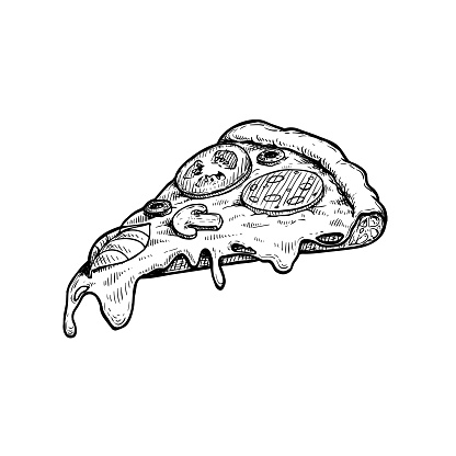 Hand drawn sketch style pizza slice. Pepperoni pizza with salami, tomato, mushroom slices, basil leaf and melted cheese. Best for pizzeria package and menu designs. Vector illustration isolated on white.