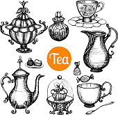 Hand drawn retro tea set with teapot cup cake isolated vector illustration