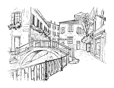 Hand drawn sketch vector illustration of the streets of Venice, Italy. Water channel with a bridge. Romantic cityscape. Tourism Concept.