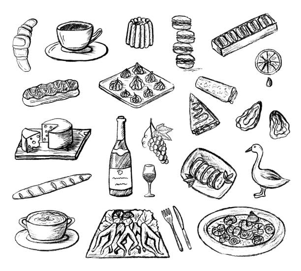 stockillustraties, clipart, cartoons en iconen met hand getrokken schetste franse keuken vector iconen. - kikkerbillen