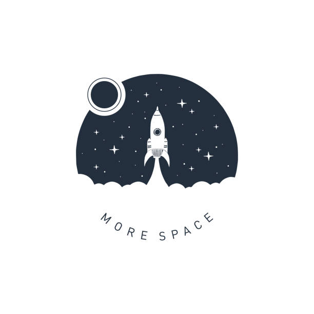 stockillustraties, clipart, cartoons en iconen met hand getekende ruimte badge met getextureerde vectorillustratie. - raket ruimteschip