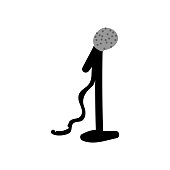 Hand Drawn Stick Figure Holding Microphone. Concept of Public Speaking Performer. Simple Icon Motif for Stand Up Comedy Pictogram. Stage, Speech, Speaker Bujo Illustration.