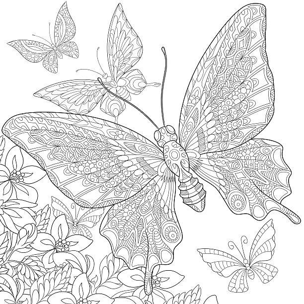 Hand drawn stylized butterflies Hand drawn stylized five cartoon butterflies flying around flowers. Sketch for adult antistress coloring book pages, T-shirt emblem, logo or tattoo with design elements. butterfly coloring stock illustrations