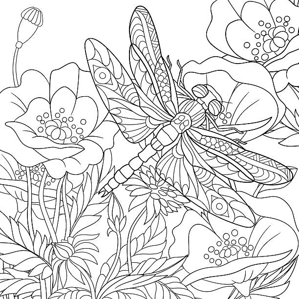 Hand drawn stylized dragonfly insect Hand drawn stylized cartoon dragonfly insect is flying around poppy flowers. Sketch for adult antistress coloring pages with design elements for coloring book. adult coloring stock illustrations