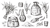 istock Hand drawn sugarcane and rum. Vintage liquor bottle and glasses, sugar sack and cubes, sugar organic plants. Vector alcoholic beverage 1181947961