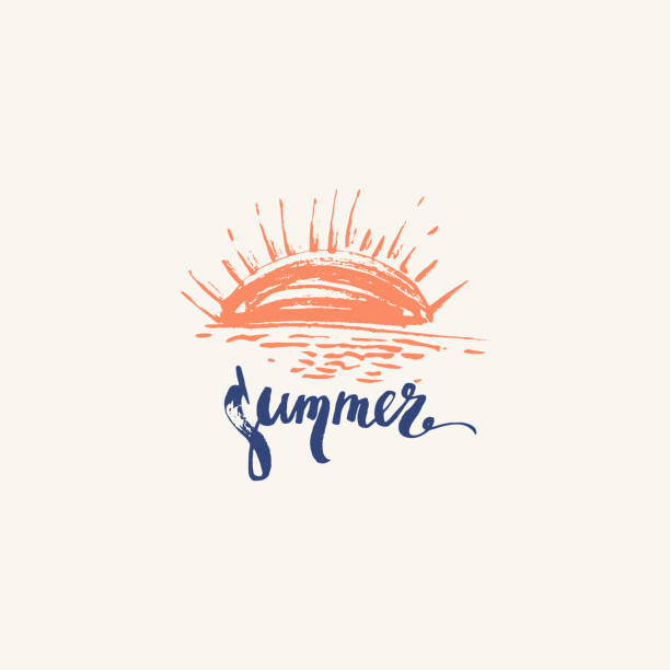 stockillustraties, clipart, cartoons en iconen met hand getrokken de zomerontwerp met de scène van het zonsondergangstrand en borstel belettering - strandbordjes
