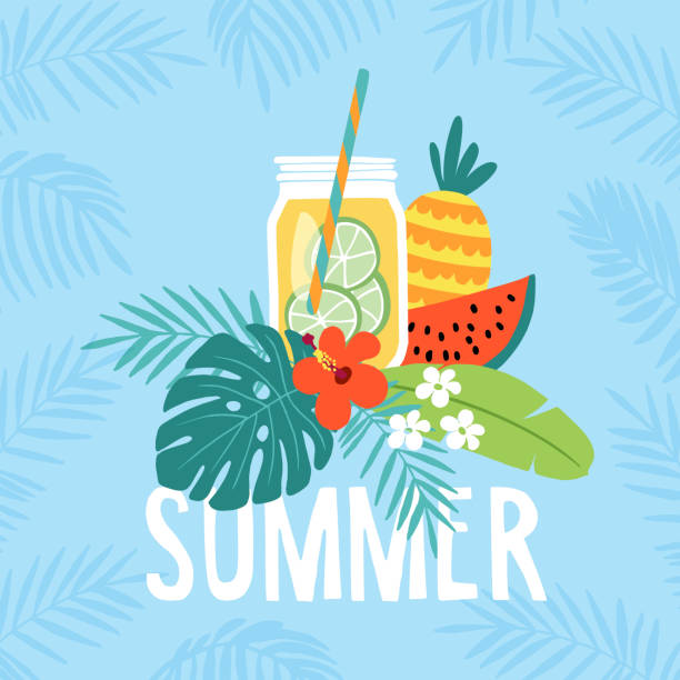 Hand drawn summer greeting card, invitation with lemonade drink in mason jar. Watermelon and pineapple fruit with tropical palm leaves and hibiscus flower. Vector illustration, web banner Hand drawn summer greeting card, invitation with lemonade drink in mason jar. Watermelon and pineapple fruit with tropical palm leaves and hibiscus flower, vector illustration, web banner. cocktail borders stock illustrations