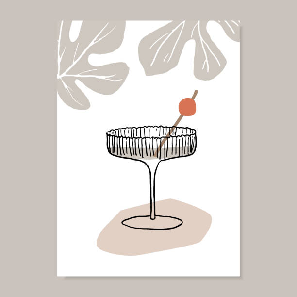 Hand drawn summer party greeting card, invitation with cocktail drink isolated on white background. Champagne glass with cherry and fig leaves. Vector modern illustration. Birthday concept. Hand drawn summer party greeting card, invitation with cocktail drink isolated on white background. Champagne glass with cherry and fig leaves, vector modern illustration. Birthday concept. champagne borders stock illustrations