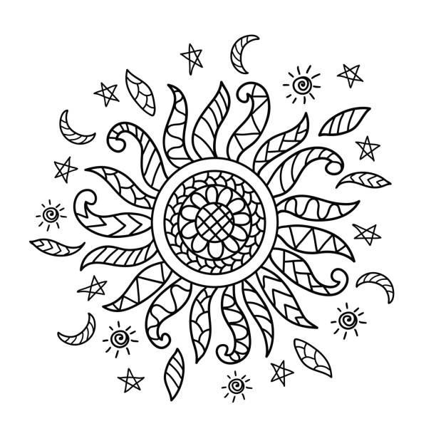 ilustrações de stock, clip art, desenhos animados e ícones de hand drawn sun silhouette for anti stress colouring page - moon b&w