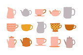 istock Hand drawn tea ceremony cute colorful vintage kettle teapot and cups or ceramic mugs with tea, coffee, milk doodle vector elements illustration set. Cute ceramic drinkware or glassware. 1306038719