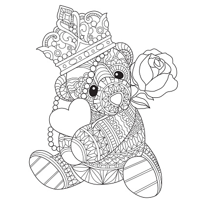 Hand Drawn Teddy Bear In Love For Adult Coloring Page Stock