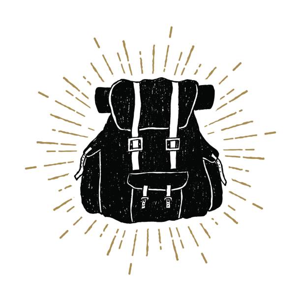 Hand drawn textured vintage icon with a backpack vector illustration Hand drawn textured vintage icon with a backpack vector illustration. adventure drawings stock illustrations