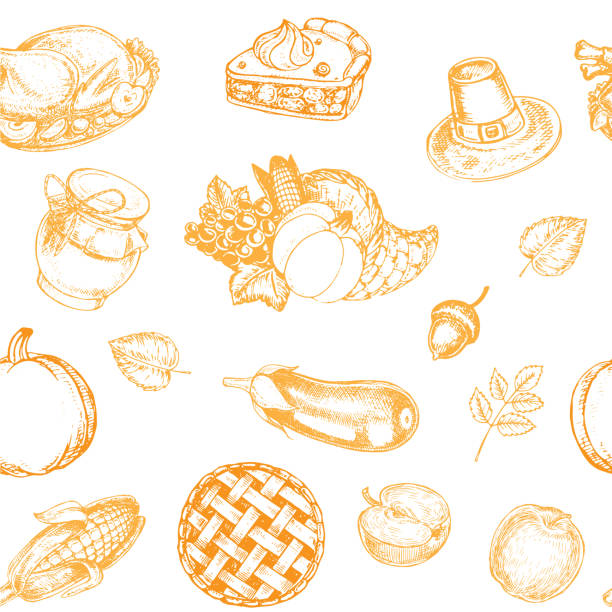 Hand drawn thanksgiving food seamless pattern with turkey, feather, berries, apples, pie, corn, eggplant, leaves, cornucopia  thanksgiving diner stock illustrations