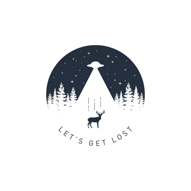 Hand drawn travel badge with textured vector illustration. Hand drawn travel badge with deer textured vector illustration and "Let's get lost" inspirational lettering. ufo stock illustrations