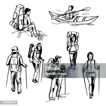 istock Hand drawn traveler with backpack. Hiking tourists. Kayak man. 1219599271