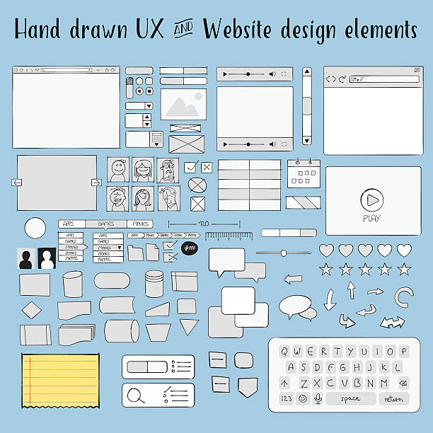 Hand drawn ux and website design elements Set of website and user interface hand drawn design elements women borders stock illustrations
