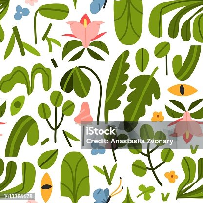 istock Hand drawn vector abstract graphic clipart illustrations seamless pattern of composition with abstract boho shapes of blossom flower,leaves and chamomile.Modern magic nature design.Botanical garden. 1413386678