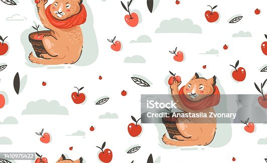 istock Hand drawn vector abstract greeting cartoon autumn illustration seamless pattern with cute cat character collected apple harvest with berries,leaves and branches isolated on white background. 1410975422