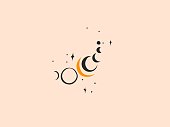 Hand drawn vector abstract stock flat graphic illustration with logo elements,woman fashion magic line art hands touch moon phases and stars in simple style for branding,isolated on color background.