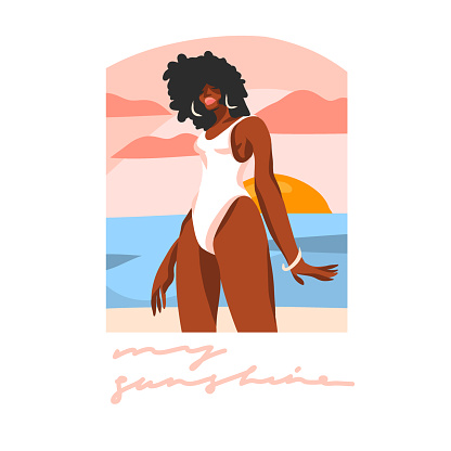 Hand drawn vector abstract stock flat graphic illustration with young happy black afro american beauty female,in swimsuit on sundown view scene isolated on white background