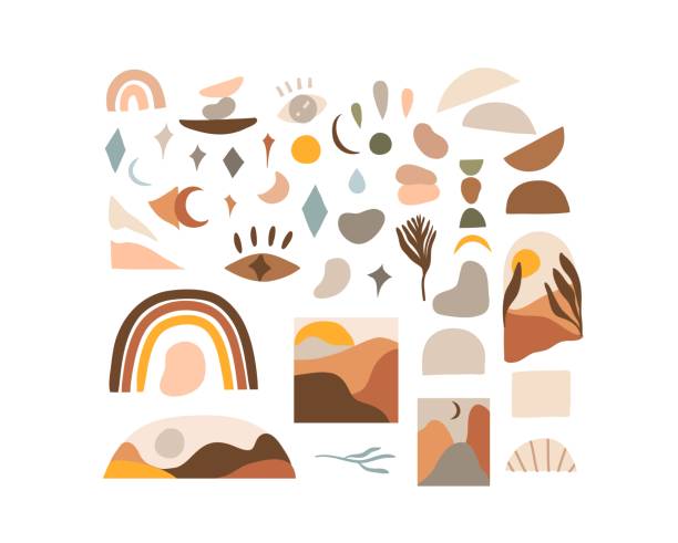Hand drawn vector abstract stock flat gtraphic,modern clipart contemporary illustration,bohemian terracotta minimalistic shapes collection set in trendy earth tones. Hand drawn vector abstract stock flat gtraphic,modern clipart contemporary illustration,bohemian terracotta minimalistic shapes collection set in trendy earth tones rock formations stock illustrations