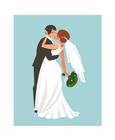 Hand drawn vector abstract wedding hugging and kissing couple illustration isolated on blue background.