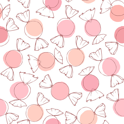 Hand drawn vector candy outline with pink circles seamless pattern on the white background. Valentine’s Day holiday decoration in pastel colors.