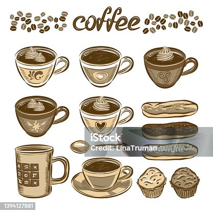 istock Hand drawn vector coffee set. Coffee cups and cakes. 1394127881