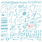 Hand Drawn Vector Doodles Arrows and Design Elements Collection. Alphabet and design brushes included.