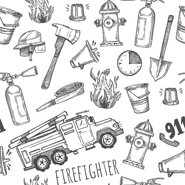 stockillustraties, clipart, cartoons en iconen met hand drawn vector illustration - firefighter. seamless pattern - save water bucket