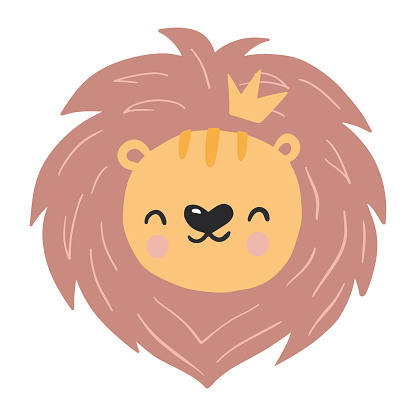 Hand drawn vector illustration of a cute funny lion face. Isolated objects. Scandinavian style flat design. Concept for children print. Vector illustration