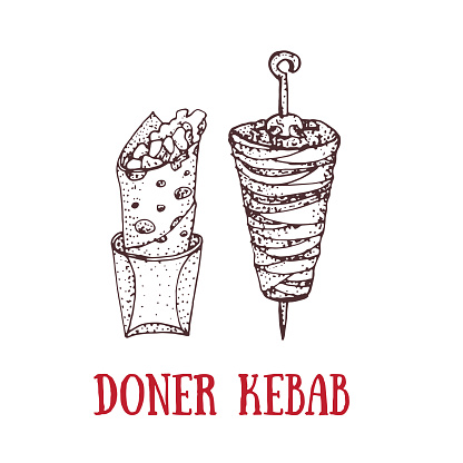 Hand drawn vector illustration of doner kebab. Roll, chicken roll, fast food, kebab, shawarma. Cartoon style.