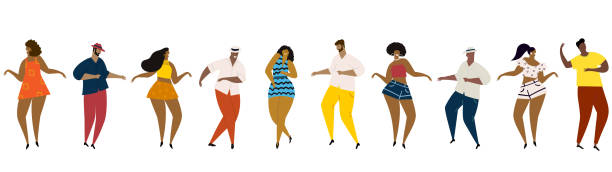 çeşitli insanların elle çizilmiş vektör illüstrasyonu - çeşitli çok ırklı arka plan dans eden erkekler ve kadınlar mutlu eğlenceli dans. dikişsiz afiş. - salsa dancing stock illustrations