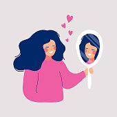 Hand drawn vector illustration of young woman looks on her reflection in mirror with love. Cartoon flat style