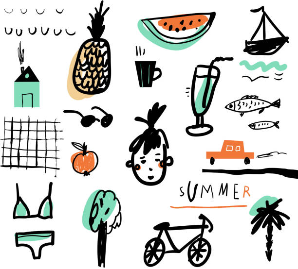 stockillustraties, clipart, cartoons en iconen met hand drawn vector illustration set of travel tourism and summer - fietsen strand
