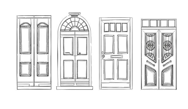 Hand drawn vector illustrations - old vintage doors. Isolated on white background. Hand drawn vector illustrations - old vintage doors. Isolated on white background. window drawings stock illustrations