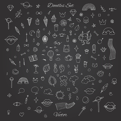 Hand drawn vector set of random doodles with rainbows, lips, planets, skulls, plants and more.