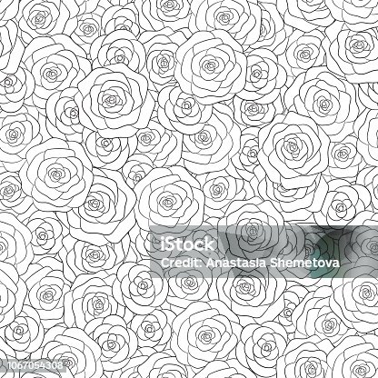 istock Hand drawn vector white roses seamless pattern. Floral ornament for adult and kids coloring books. 1067054308