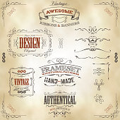 Vector illustration of a set of hand drawn frames, sketched banners, floral patterns, ribbons, and graphic design elements on vintage leather or old paper background. File is EPS10 and uses overlay transparency at 100% on gradient mesh clouds background creating "leather texture" effect. Vector eps and high resolution jpeg files included