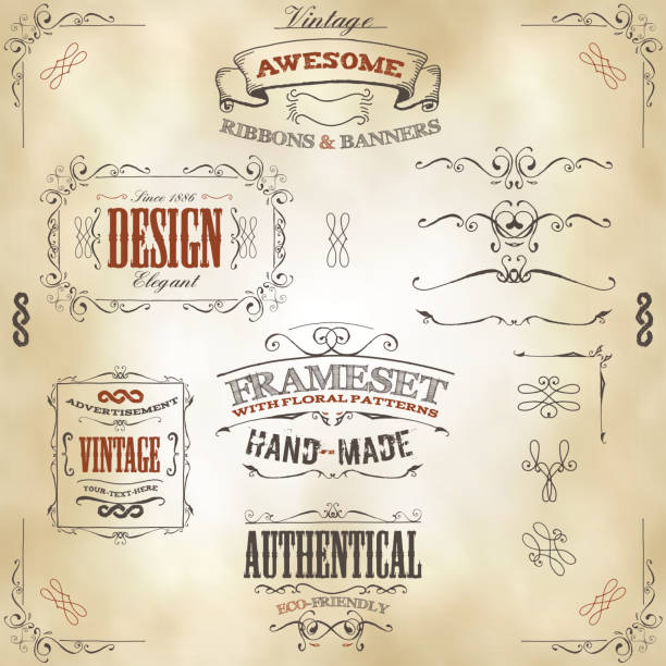 Hand Drawn Vintage Banners And Ribbons Vector illustration of a set of hand drawn frames, sketched banners, floral patterns, ribbons, and graphic design elements on vintage leather or old paper background. File is EPS10 and uses overlay transparency at 100% on gradient mesh clouds background creating "leather texture" effect. Vector eps and high resolution jpeg files included country and western music stock illustrations