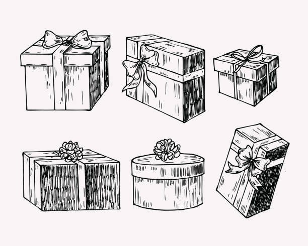 Hand drawn vintage illustration of present box, gift package with a bow and ribbon. Hand drawn vintage illustration of present box, gift package with a bow and ribbon. gift drawings stock illustrations