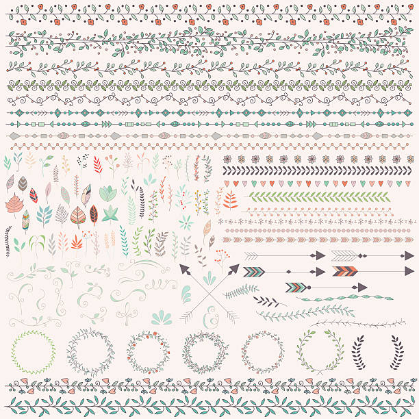 Hand drawn vintage leaves, arrows, feathers, wreaths, dividers, ornaments vector art illustration