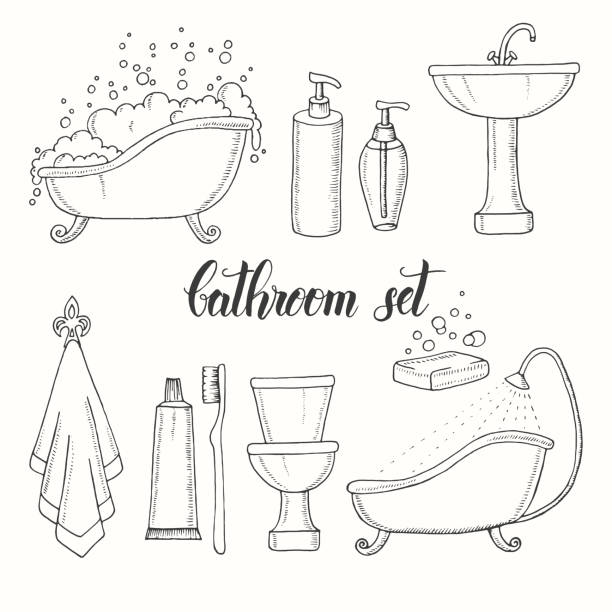 Hand drawn vintage set of objects from the bathroom. Bathtub, toilet, washbasin, shower, soap, shampoo, towel, toothbrush, toothpaste. Hand made lettering. Vector Hand drawn vintage set of objects from the bathroom. Bathtub, toilet, washbasin, shower, soap, shampoo, towel, toothbrush, toothpaste. Hand made lettering. Vector bathroom drawings stock illustrations