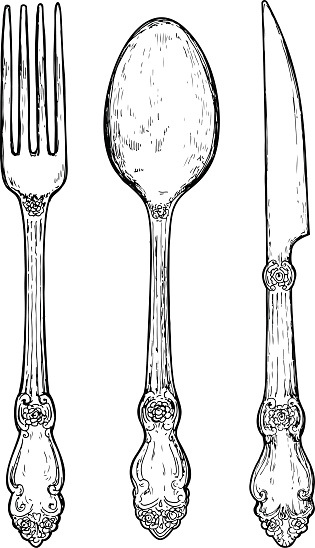 Hand drawn vintage silver cutlery.