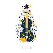 istock Hand drawn violin with notes, ribbons and dots around it. 1299493783